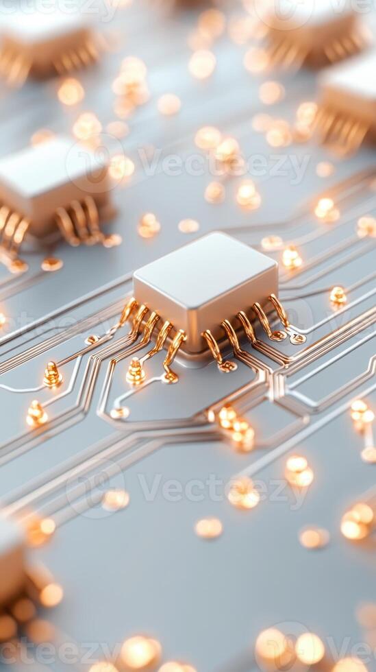 Shiny Integrated Circuits on a Gray Surface, Illustrating Neural Networks with Connected Golden Pins and Faint Glowing Lights photo