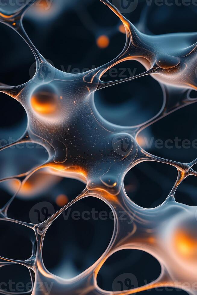 Abstract neural networks concept. Interconnected nodes glow within complex mesh on dark backdrop. Intricate web shows technology with bright highlights. photo