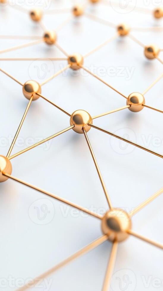 Golden spheres connect forming complex system. Artificial intelligence neural networks concept on light surface. Metallic connections represent data streams between points. photo