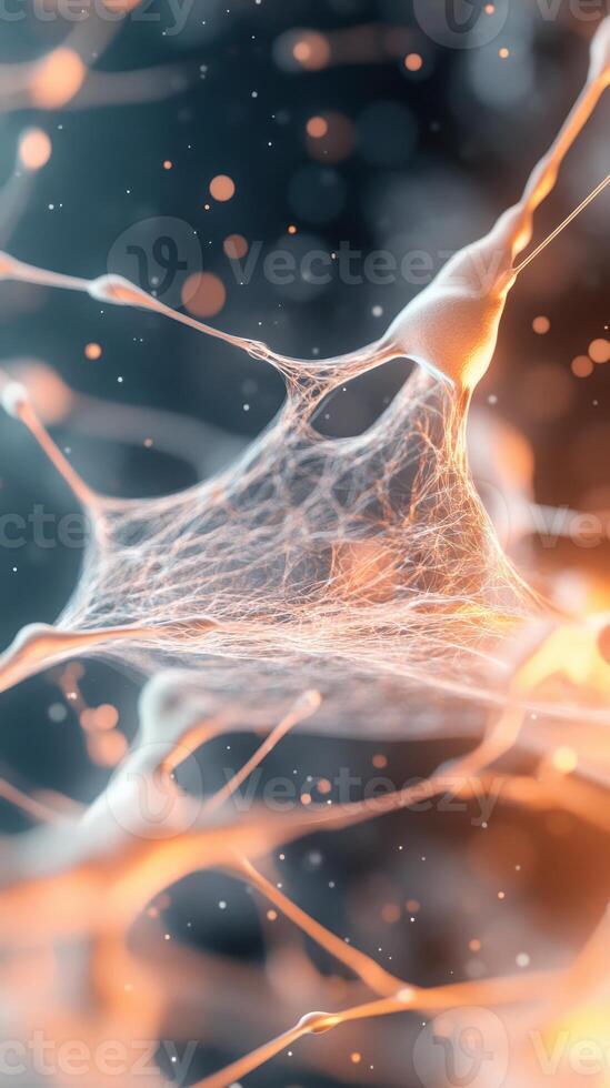 Glowing Neural Networks Structure with Mesh Connections Against Dark Background. Intricate Network Nodes and Orange Light Points Connect Forming Complex System. photo
