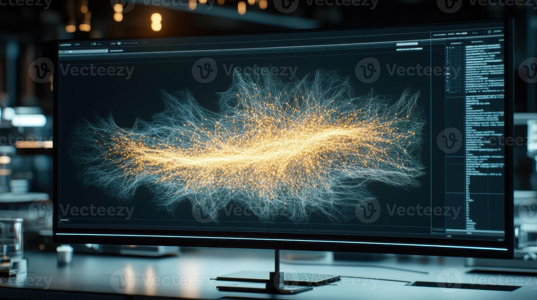 Computer Screen Shows Neural Network Data. Glowing Points Connect With Lines. Dark Background. Program Code Displayed. Information Technology Concept. Artificial Intelligence. photo