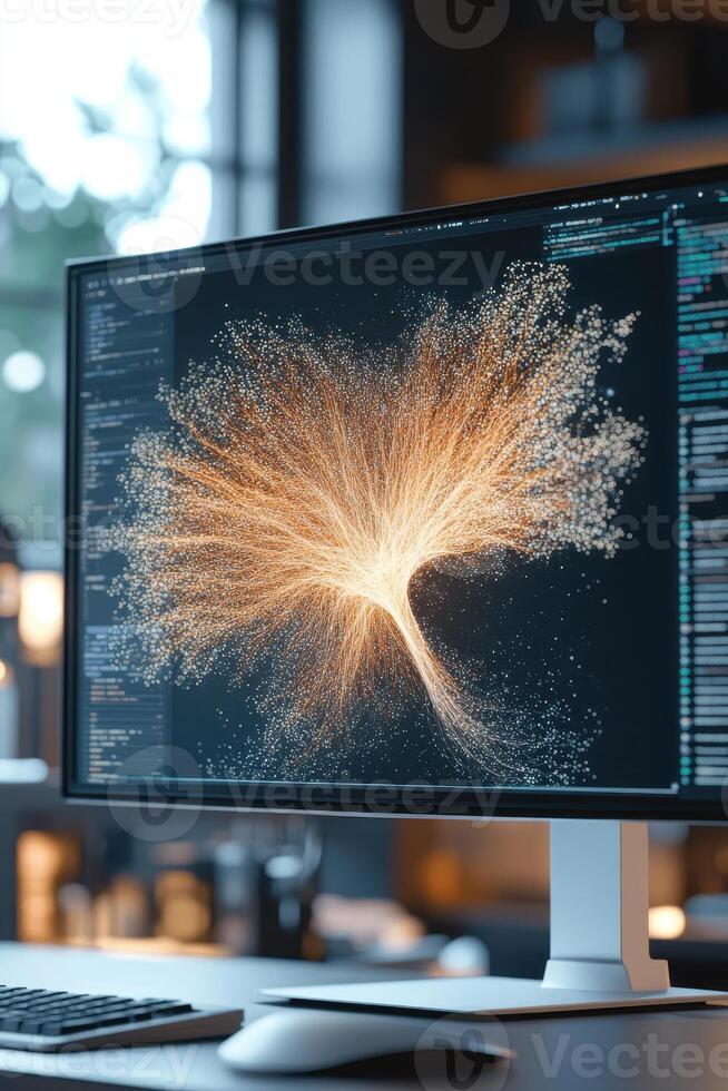 Computer screen displays glowing network of data streams. Artificial intelligence concept. Machine learning neural connections. Digital web on monitor. Modern technology office setting. photo