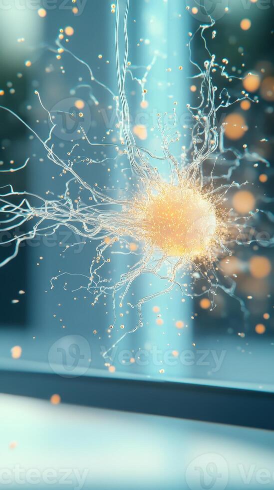 Artificial neural net connects with bright nodes. Network structure with light in blue space. Concept of learning system. Information transfer background. photo
