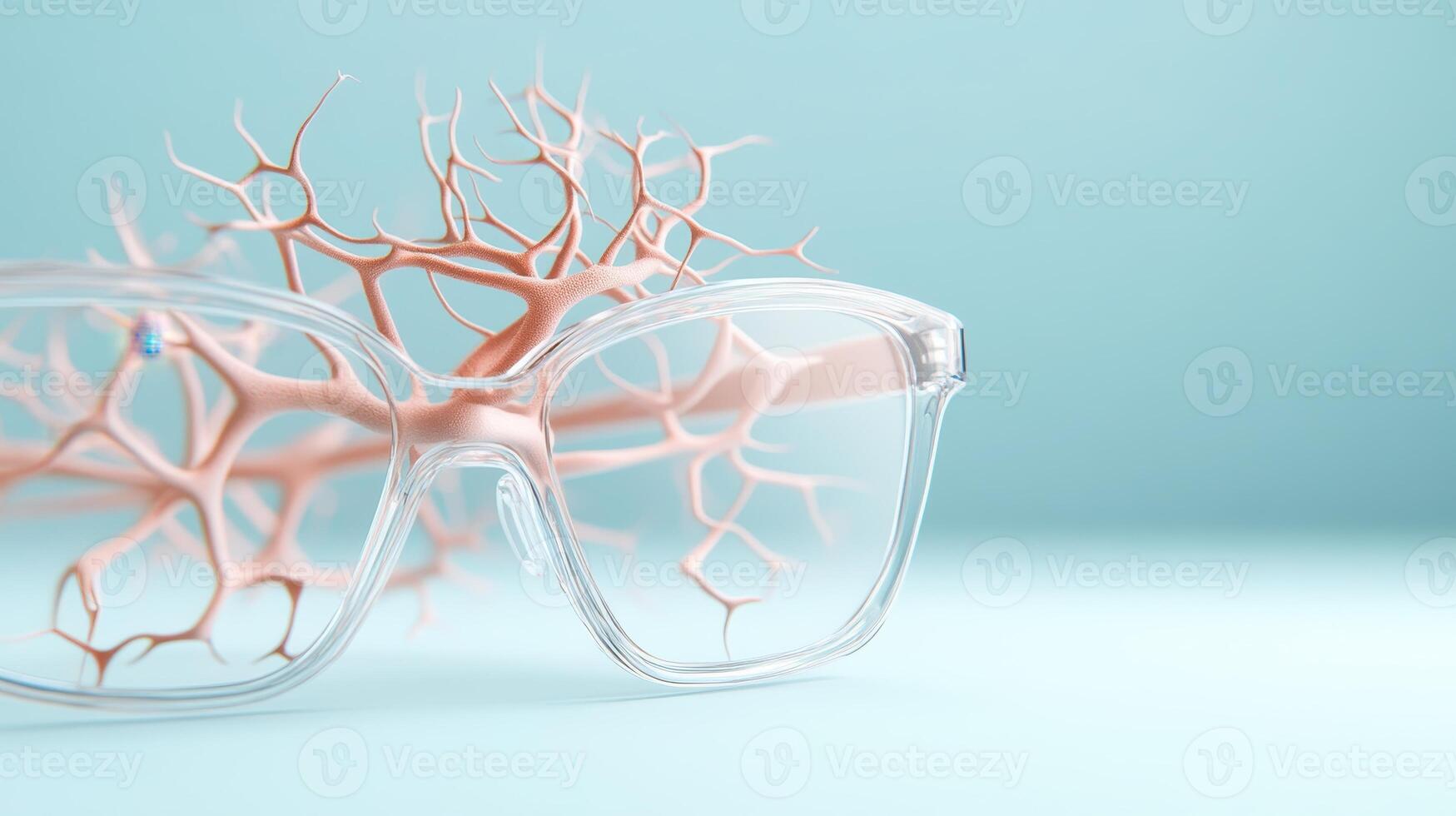 Clear glasses show network structure. Pink nerve cells behind spectacles. Soft blue background. Artificial intelligence connection concept. photo