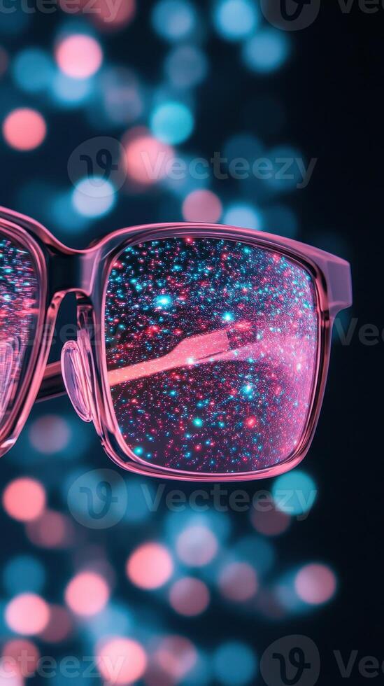 Eyeglasses reflect cosmic particles. Light spots bokeh blur. Neural networks design. Abstract vision with artificial intelligence. Pink and blue digital background. photo