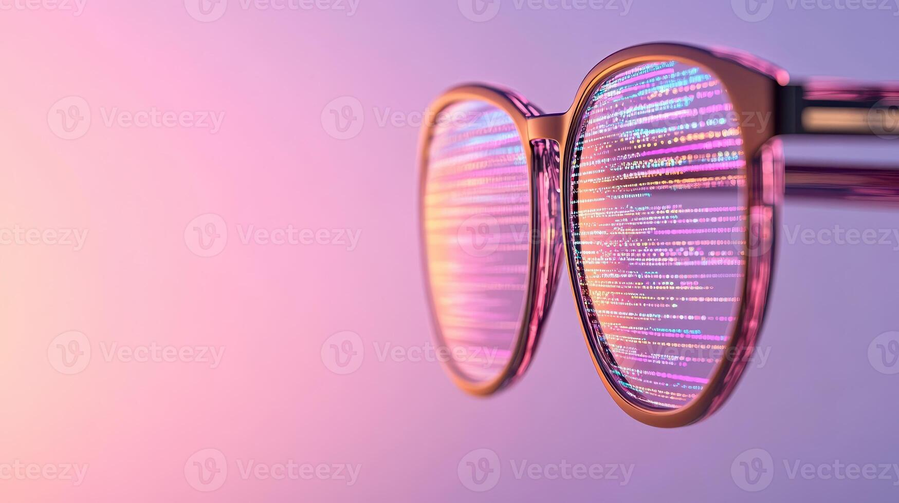 Eyeglasses Reflecting Neural Networks. Artificial Intelligence Concepts Visualized. Data Streams Inside Lenses. Pink and Purple Gradient Background. Technology Abstract photo