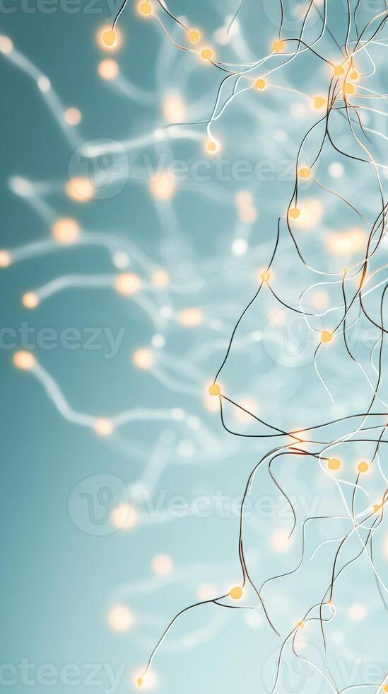 Connected networks glow on a gradient backdrop. Abstract representation of pathways. Neural connections. Light data streams flow on dark curved paths. photo