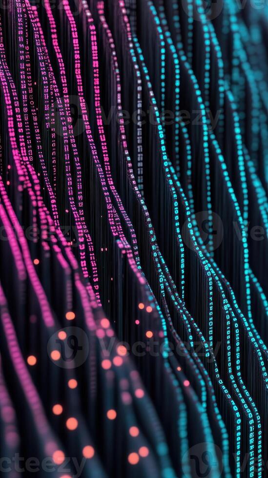 Networks Displaying Digital Data. Glowing Pink and Blue Tones. Abstract Lines Simulate Neural System. Numbers in Vertical Arrangement. photo
