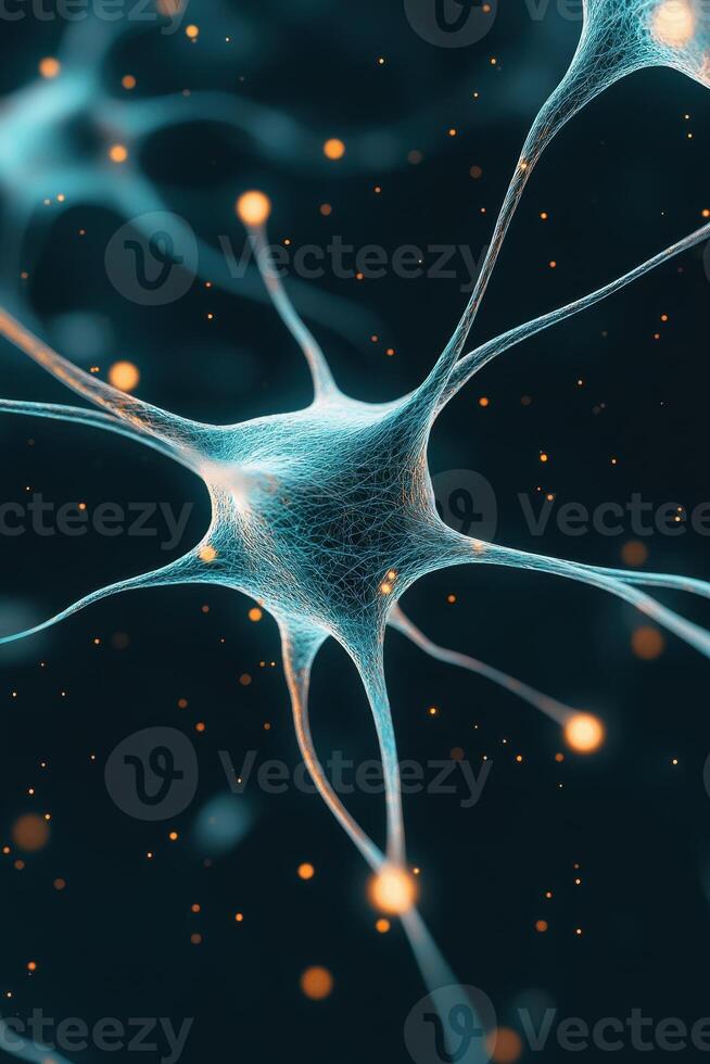 Network filaments connect in complex pattern. Glowing spots scattered around blue network against dark backdrop. Neural network model shown with intricate details. photo