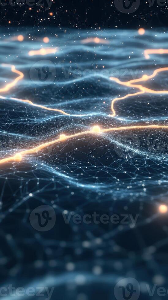 Abstract network structure showing data flowing between neural networks on a dark blue background with glowing nodes photo