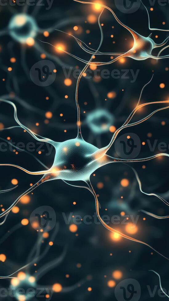 Glowing neural network components connect on dark background. Cells form a complex system. Points of light shine around structures. photo