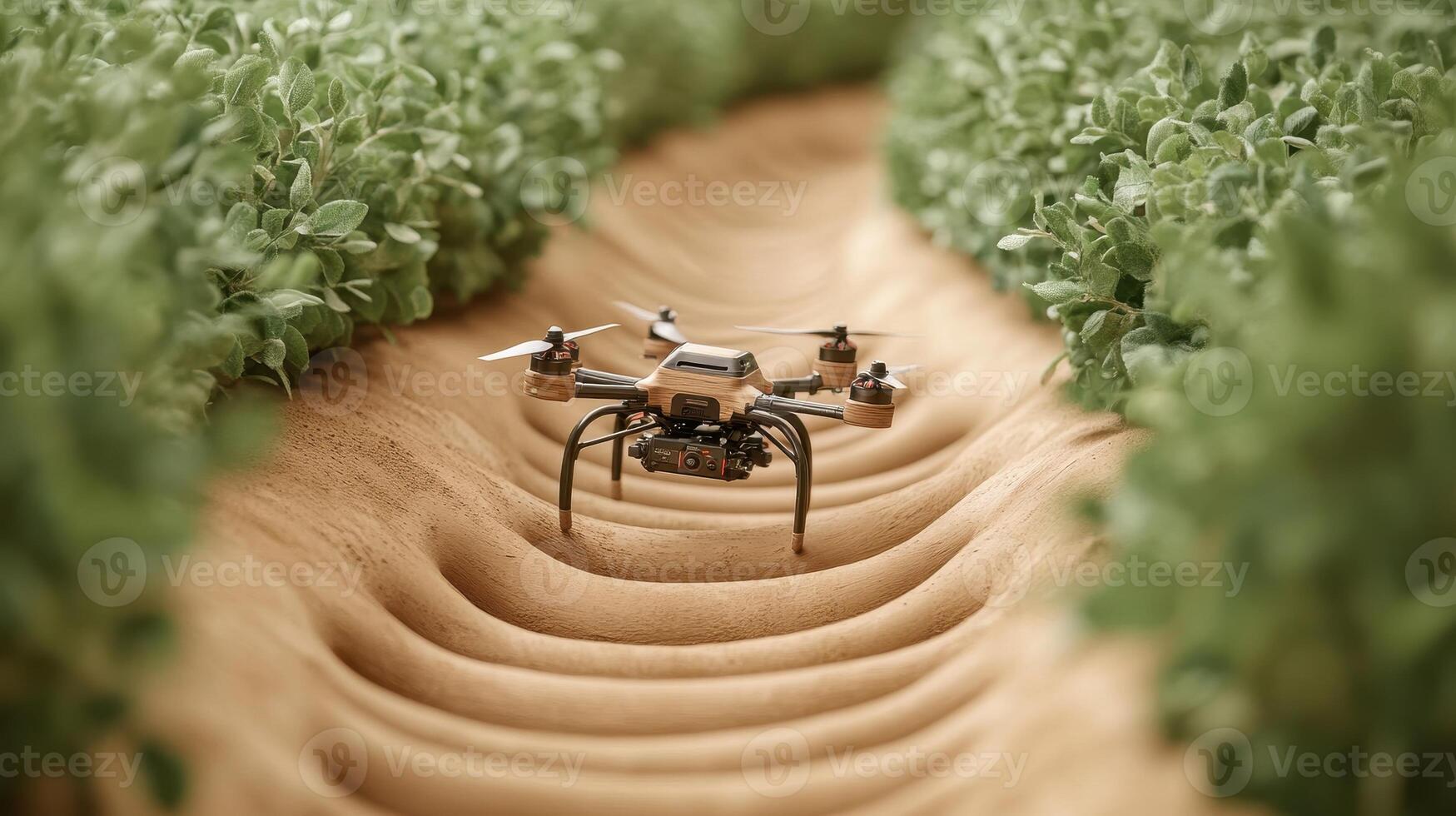 Drone rests on sandy path flanked by green plants. Artificial intelligence assists aerial device using networks to control movement photo