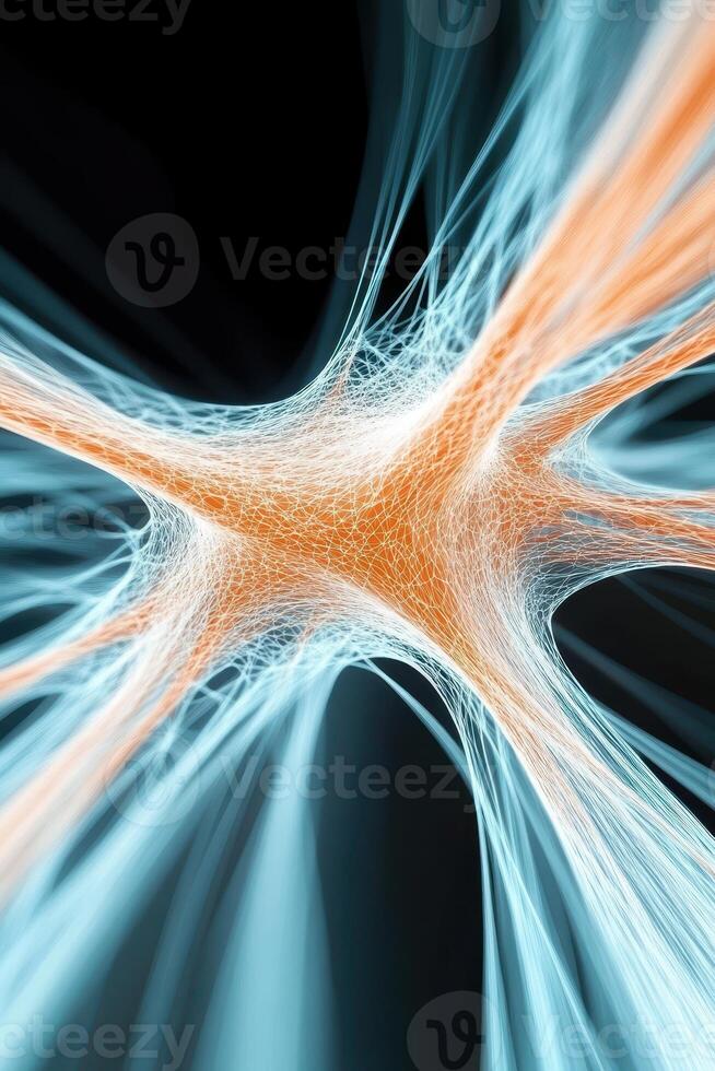 Complex System of Neural Networks Connection Point on Dark Backdrop. Interlinked Digital Structure with Bright Wires. Information Processing and Data Concept. photo