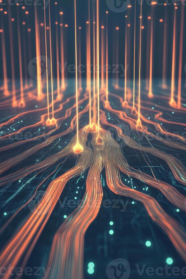 Bright lines form neural network connection. Glowing nodes shine above branching paths. Digital design simulates complex system. Tech graphic showcases network activity. photo
