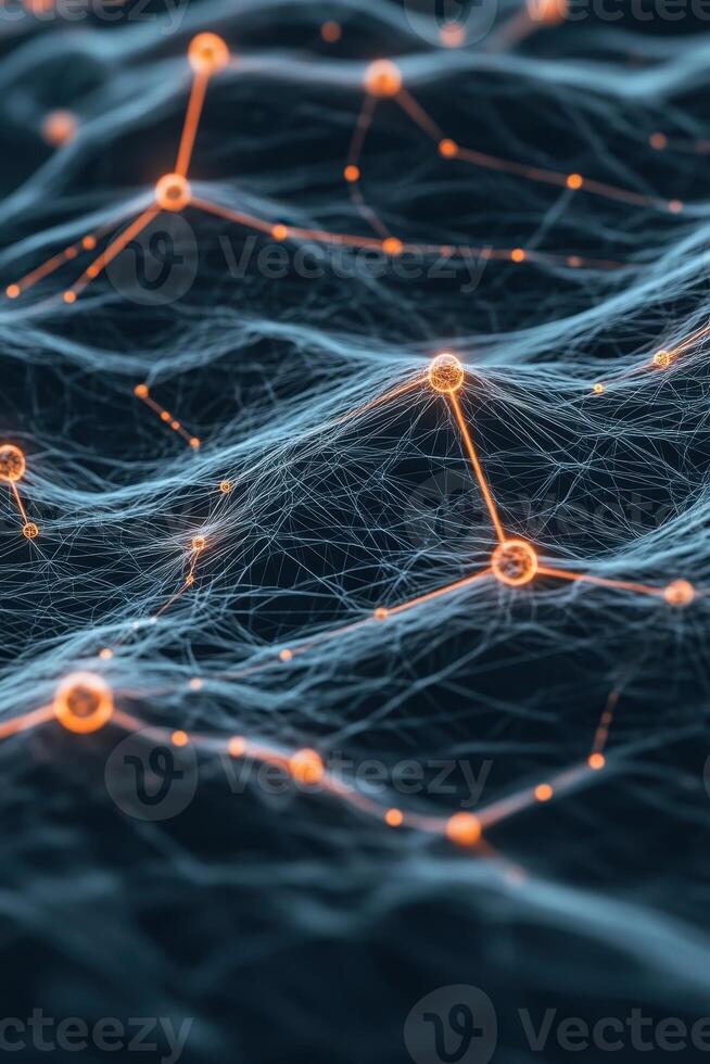 Abstract light network. Connected spheres shine. Lines link nodes. Dark blue backdrop. Complex web spreads. Neural network structure. photo