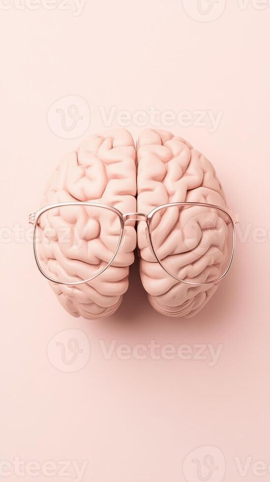 Neural network model with glasses lies on light pink surface. Top view of brain structure used in artificial intelligence algorithms. photo
