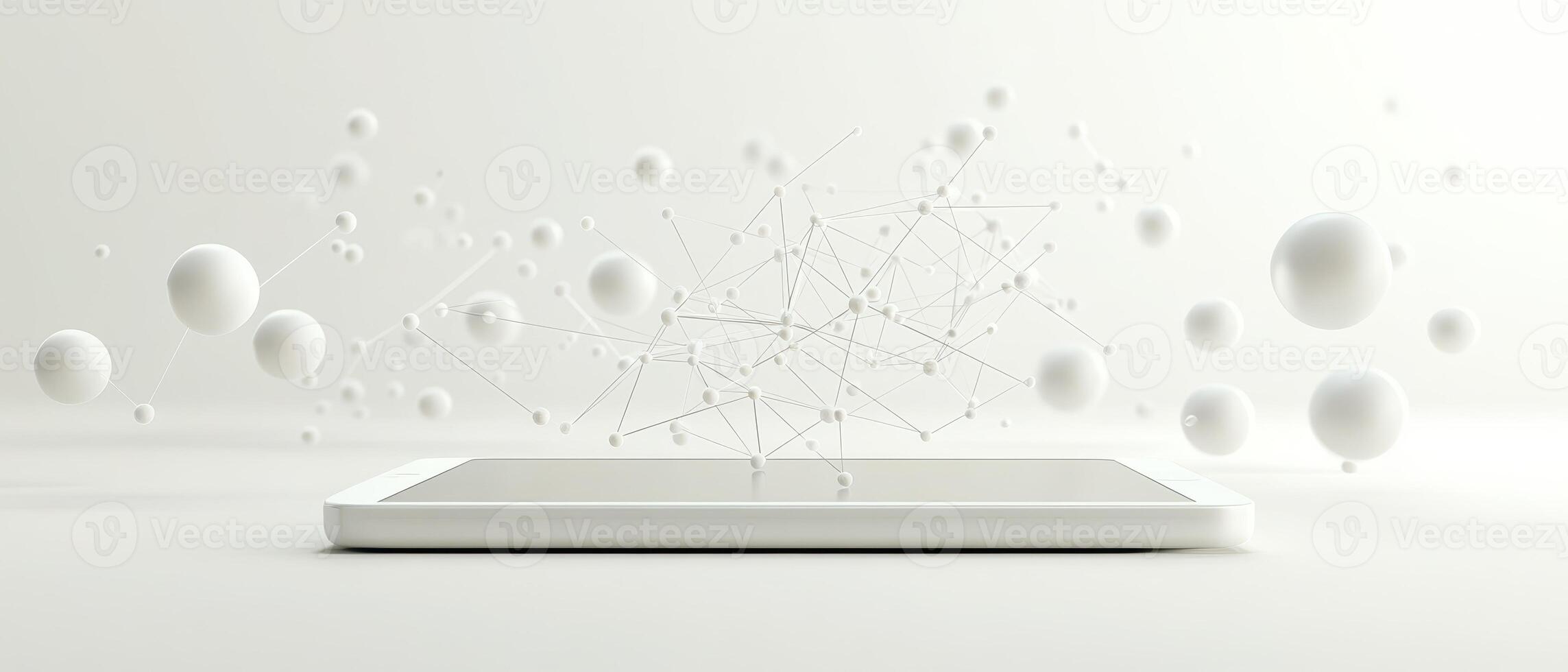 White Device Displaying Connected Spheres. Artificial Neural Networks Concept. Clean Background. Dots Connected by Lines. Digital Data Visualization on Mobile Screen. photo