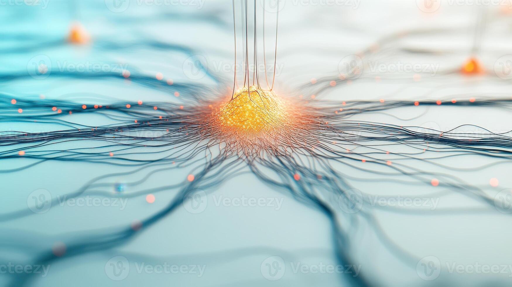 Glowing neural structure with branching pathways. Connecting system with nodes and fine lines. Complex technological network. Light blue background with illuminated dots. photo