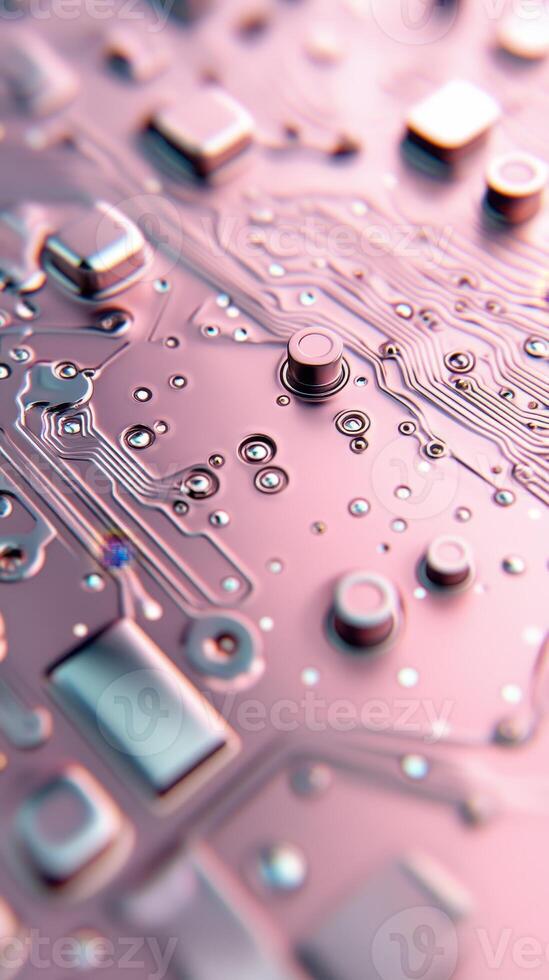 Network Circuit Board Close Up. Pink Connected System. Electronic Computing Design. Machine Learning Diagram. Artificial Intelligence Structure. photo