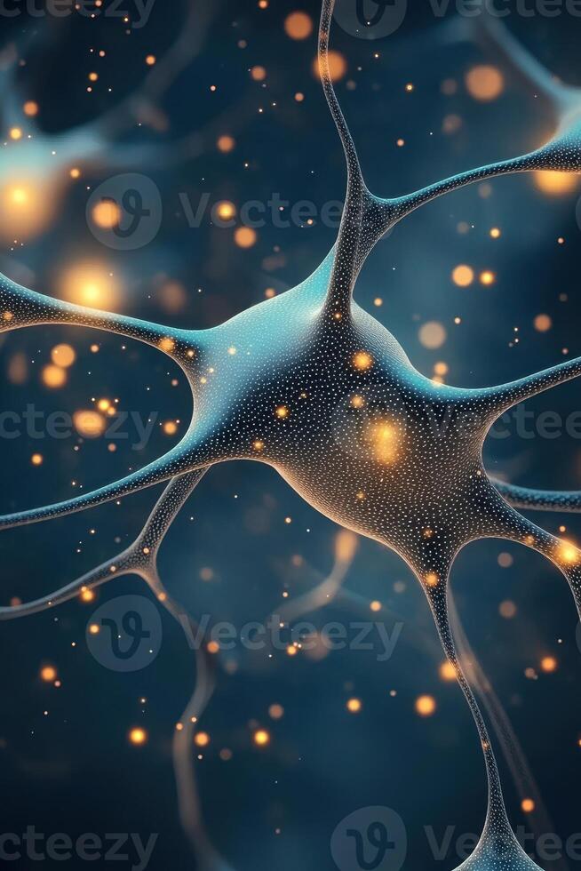 Connected neural structure with glowing points. Abstract network of neurons transmitting signals. Blue background. Futuristic depiction of complex system. photo