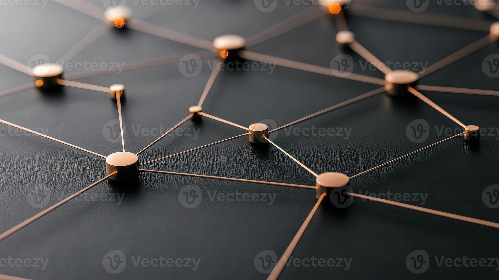 Connected gold nodes with lines on black surface. Depicts a complex system symbolizing neural networks. Close up of dots and threads. photo
