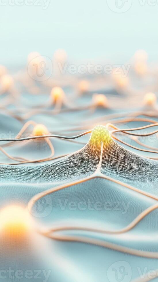 Connected network illustration. Artificial intelligence nodes glow on light blue background. Neural networks digital communication with wire connections. photo