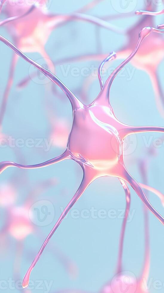 Abstract network connections shining light. Pink structures connect on soft blue. Conceptual neural networks structure. Complex system closeup. photo