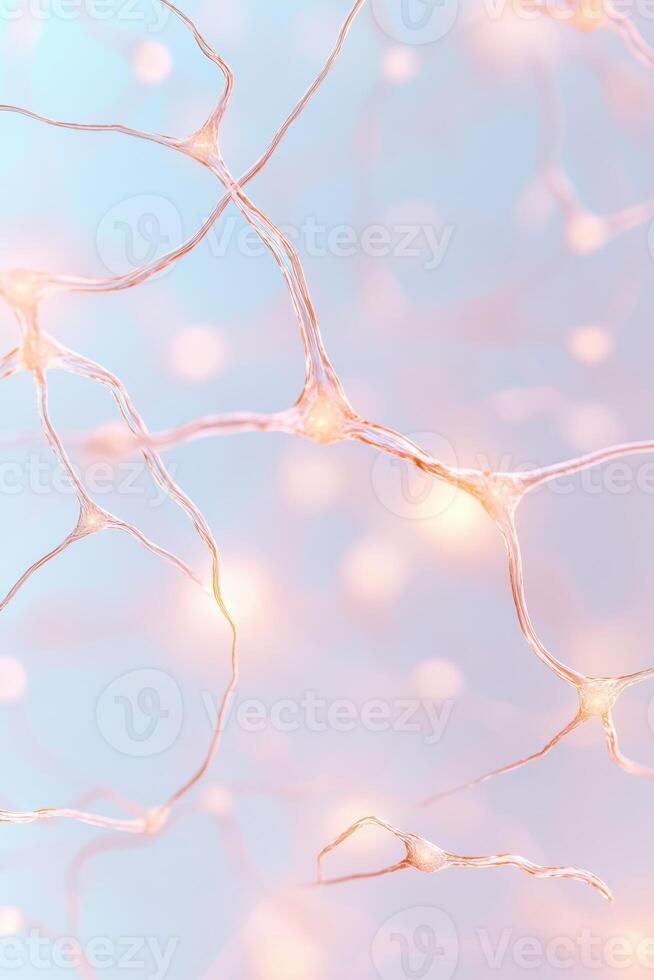 Interconnected network nodes transmit data signals on soft light blue backdrop. Digital neural system model with glowing connections. Networks background. photo