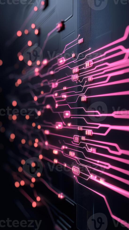 Glowing Pink Circuit Board Showing Neural Networks With Dark Background. Artificial Intelligence Connection. Machine Learning Concept. Abstract System. Electronic Data Processing. photo