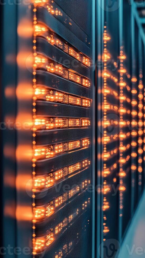 Rows of Computer Servers Glowing with Light, Representing Neural Networks Within Data Center, Abstract View photo