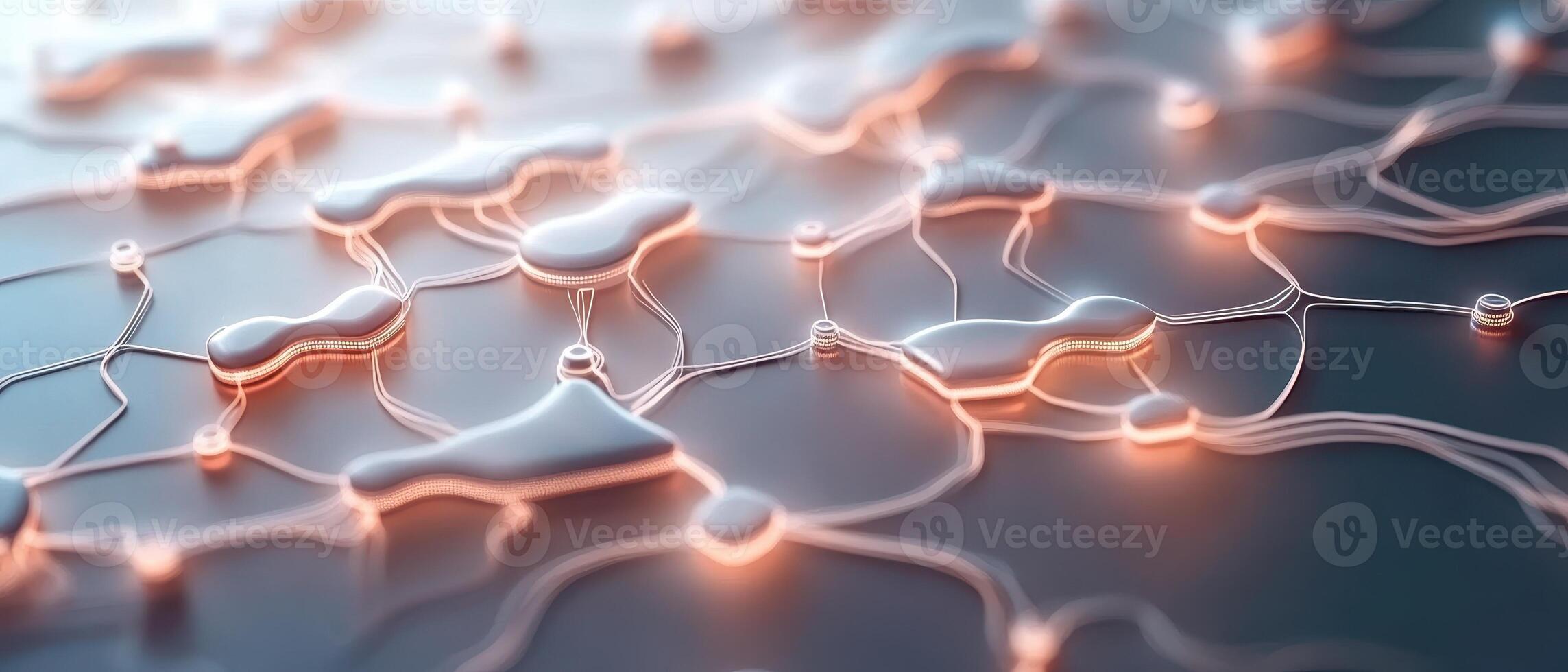 Abstract linked network. Neural net structure with glowing connections. Metallic texture with artificial intelligence system. Complex algorithm visual. Deep learning process photo