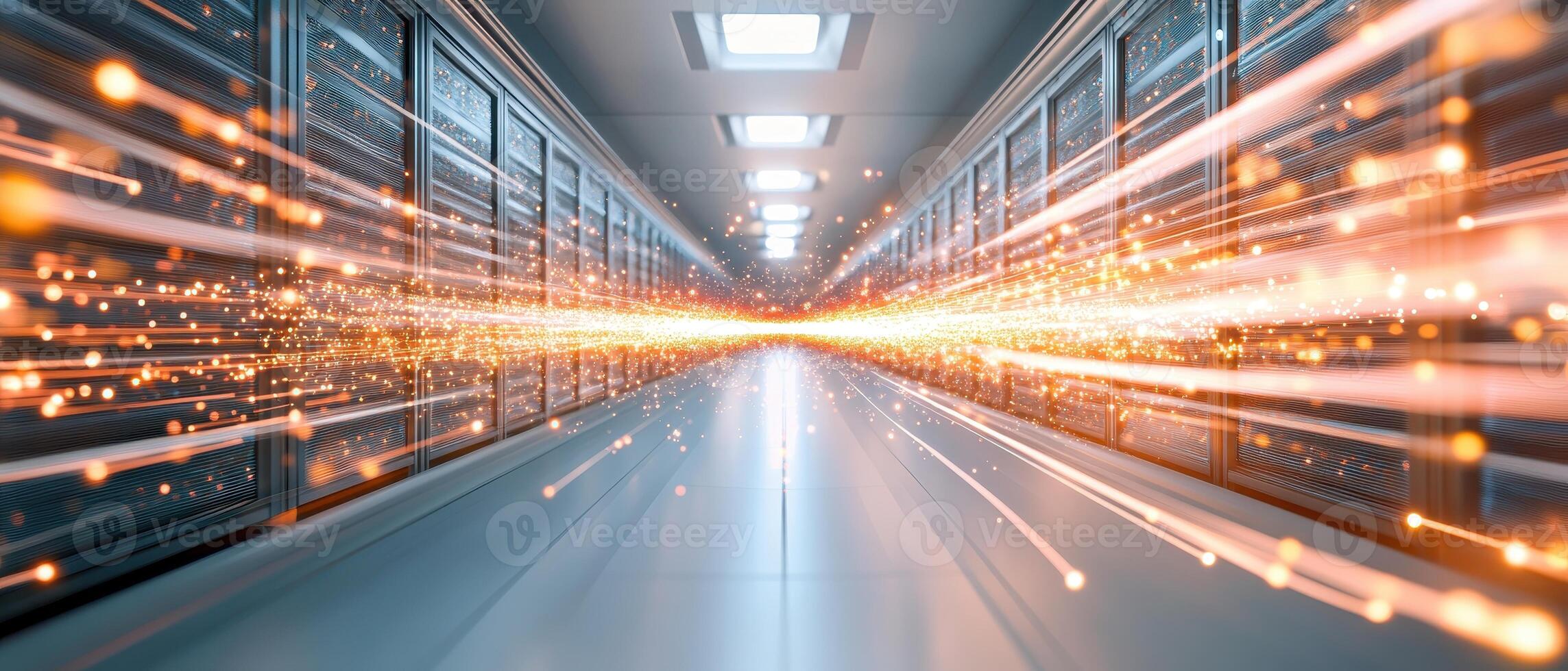 Server room corridor with light streaks representing neural networks data transmission in a symmetrical arrangement for processing and analysis photo