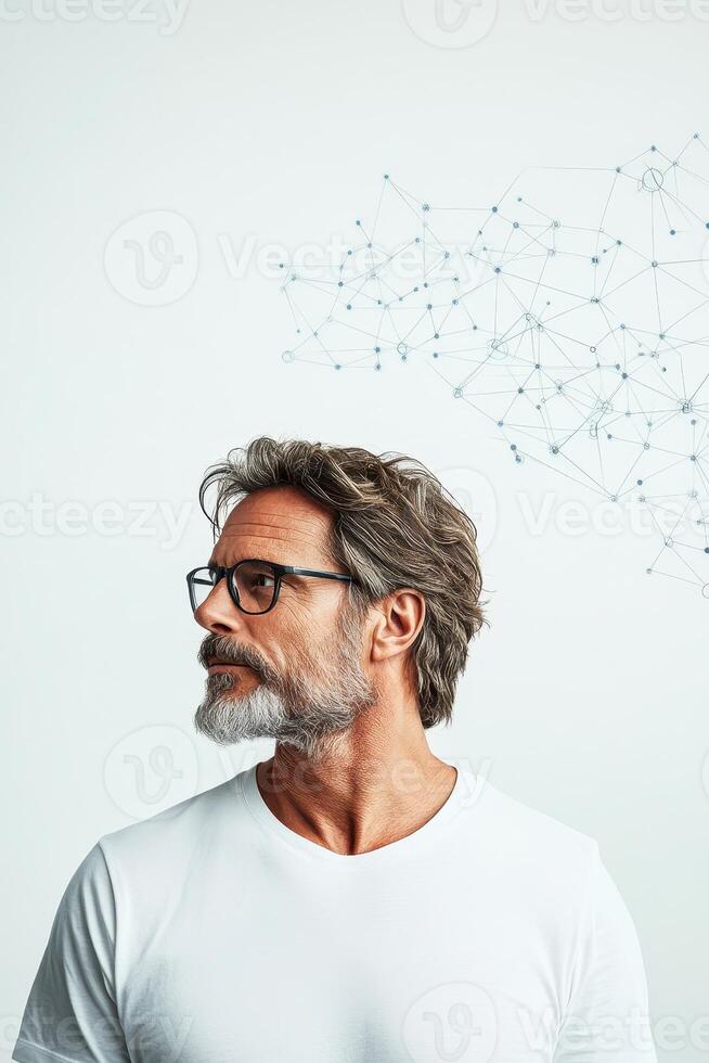 Thinking individual looks toward network. Nodes connect in a web on a plain background. Networks influence thought. Data system above head. photo