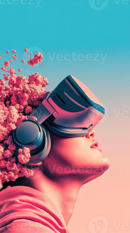 Pink figure wears virtual reality headset looking upwards with coral formations generated by neural networks against a blue gradient background photo