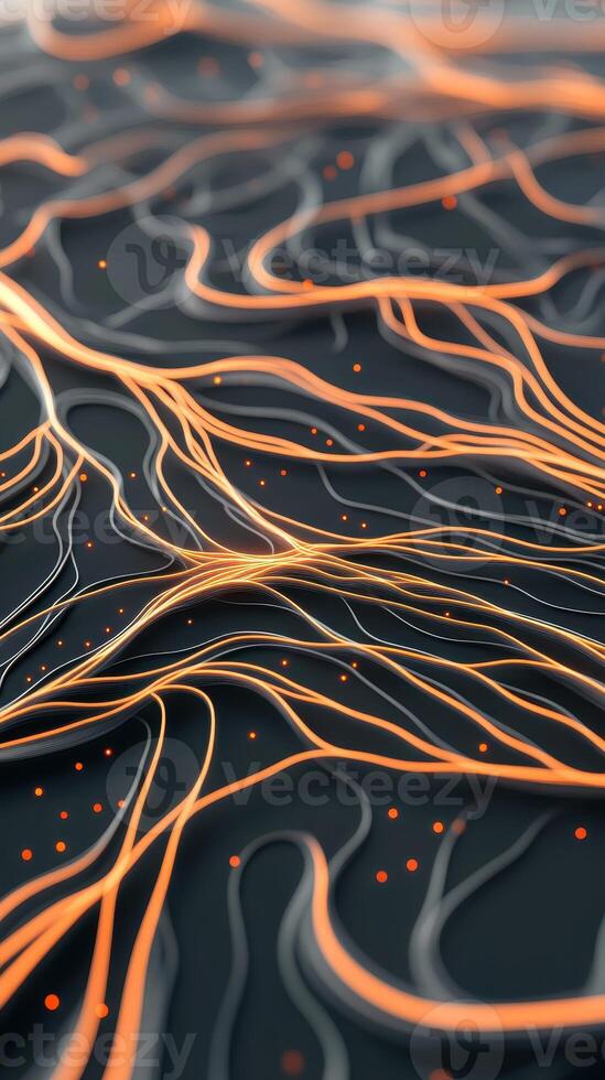 Gray surface with bright orange lines. Curved abstract pattern with glowing dots. Close up image of network connection with light effects. photo