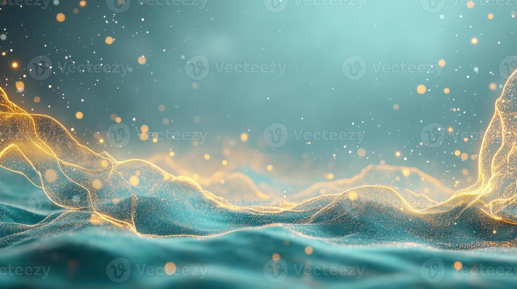 Teal flowing shapes with gold light. Sparkle dust floating in the air. Waves with luminous particles. Abstract smooth elegant motion on blue. photo