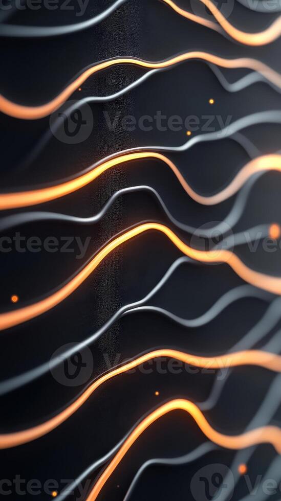 Abstract black surface with curved silver and orange glowing lines. Shiny light trails flow across a textured dark background. Small light sparks hover. photo