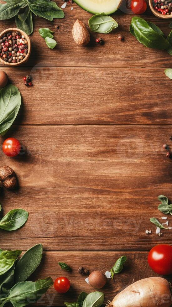 Fresh vegetables and herbs arranged on brown wooden surface. Tomatoes, basil, pepper, and squash on tabletop. Healthy food background with empty space photo