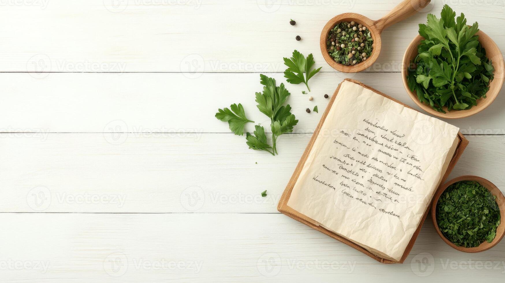 Parsley and spices on white wood background. Open cookbook shows recipe. Dried herbs in wooden bowls near fresh green leaves photo
