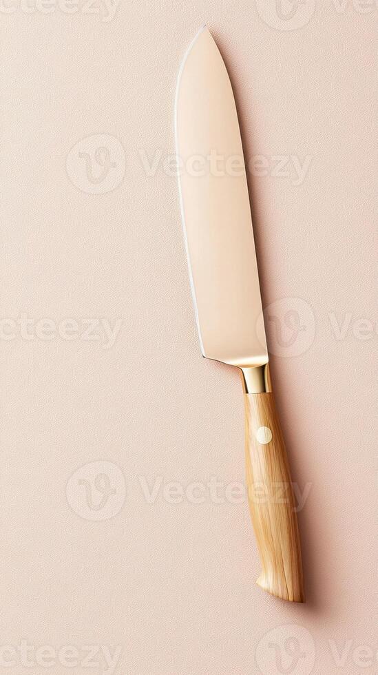 Kitchen knife with wood handle and metallic blade laying on a light pink fabric surface. Sharp blade, cooking equipment, culinary background photo