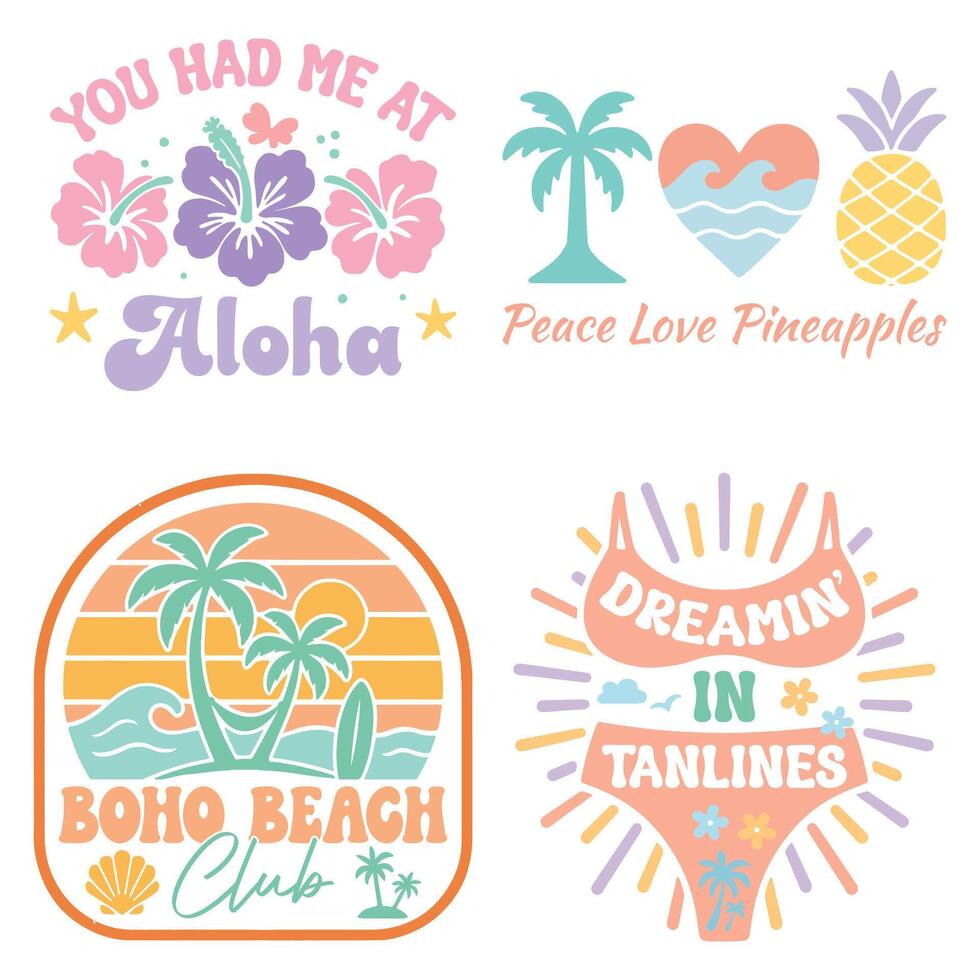 set of - Boho Retro Summer T-shirt , Boho sunset sunshine illustration, Vintage Summertime design Sublimation vector