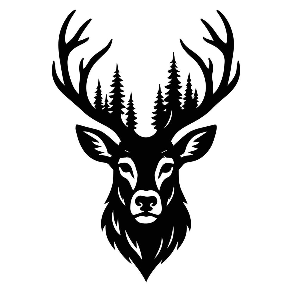 deer head Forest Nature art, Animal forest scene illustration, Jungle Animals silhouette sublimation design vector