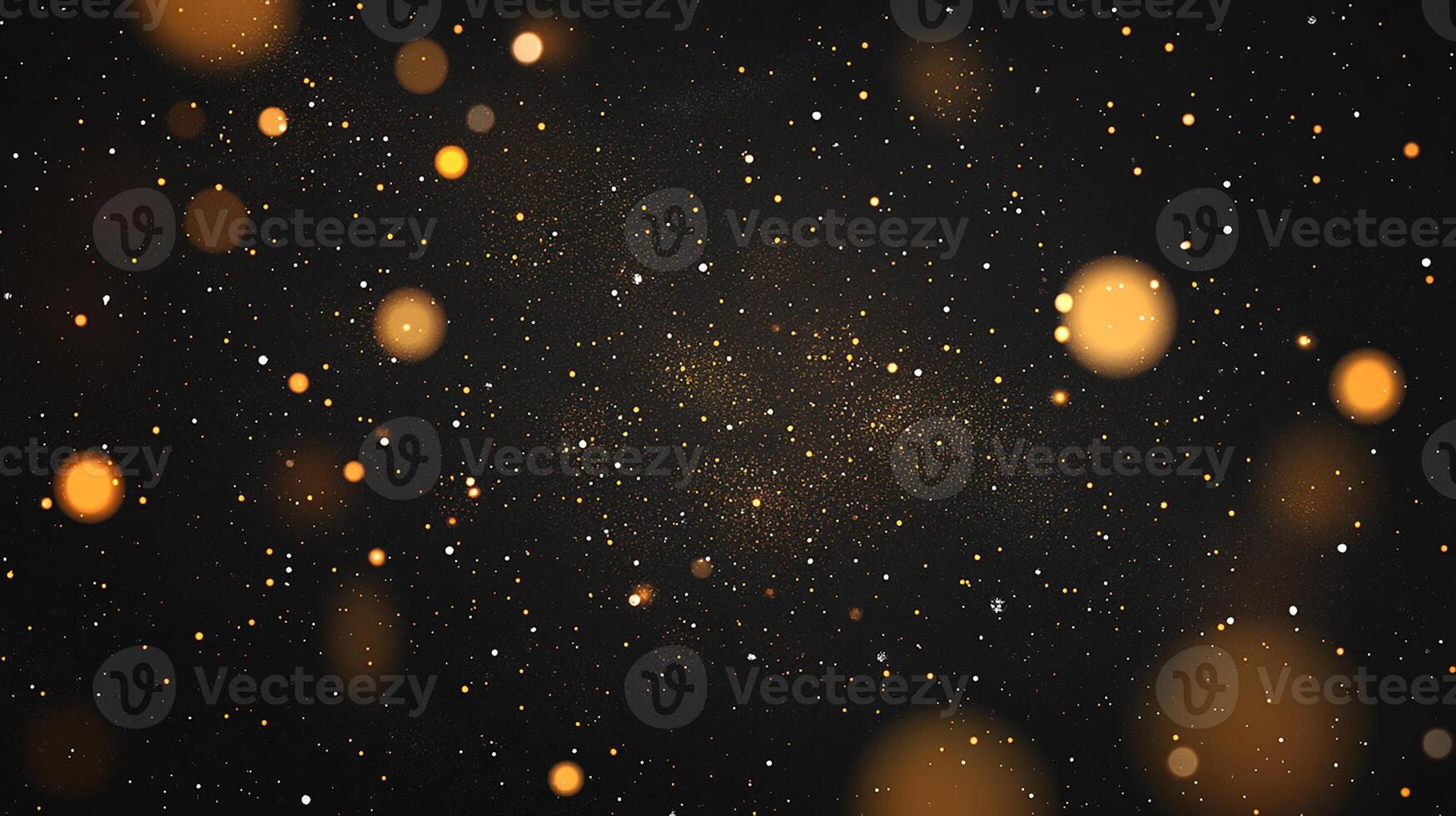 Glowing Gold and White Particles on Dark Background. Sparkling Bokeh Effect photo