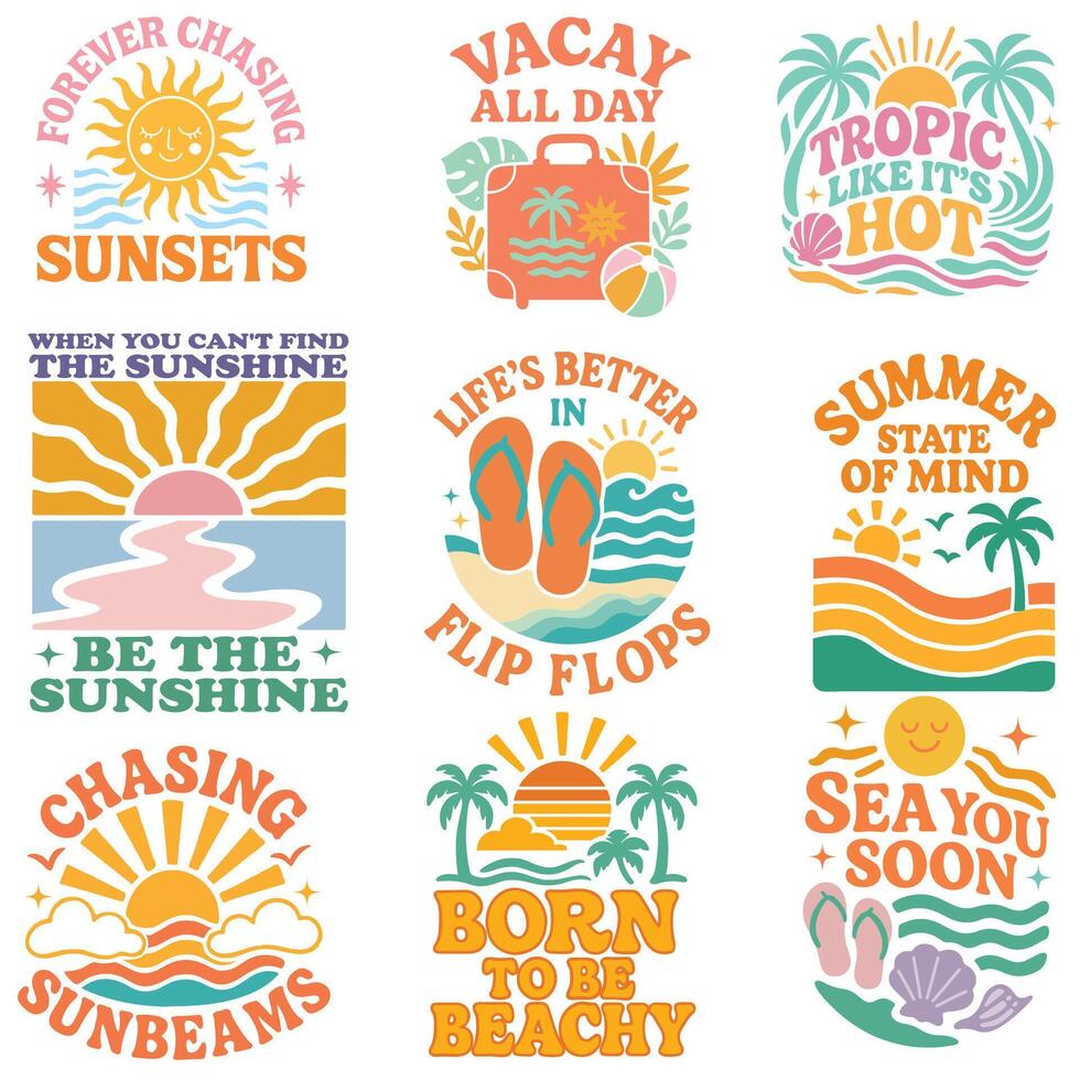 Set of Retro Sunset Boho Beach Shirt Design Perfect for Summer Days vector