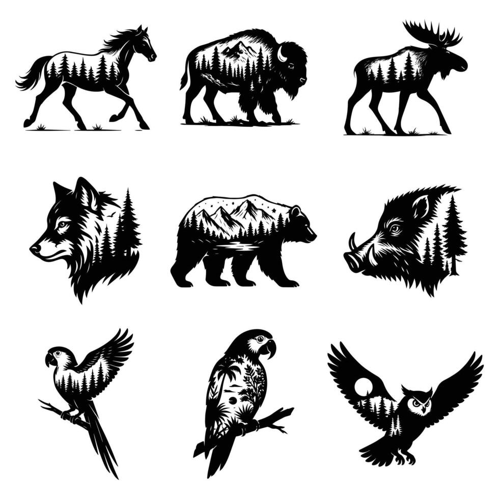Forest Nature animal art bundle, Animal forest scene illustration, Jungle Animals silhouette sublimation design vector