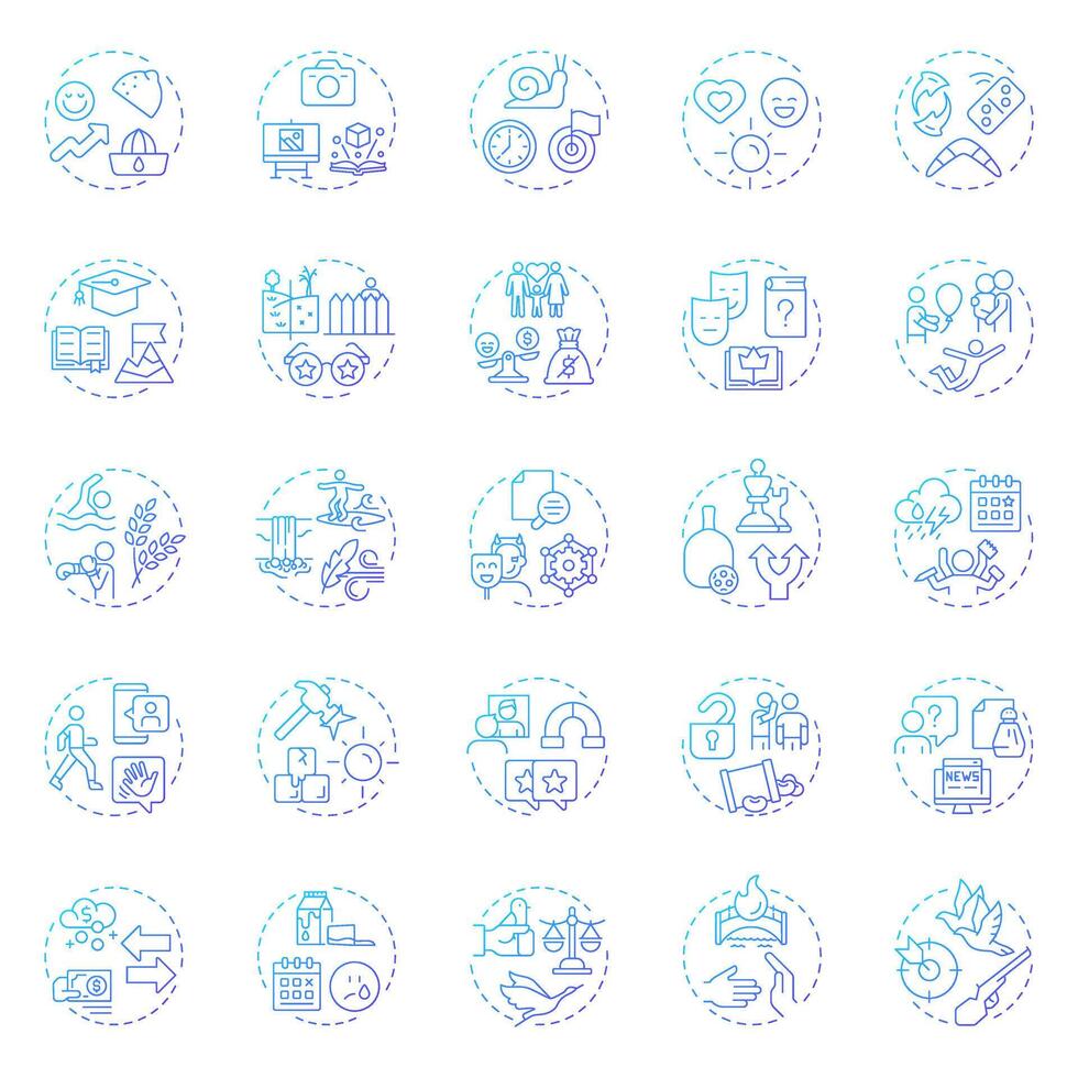 Life idioms blue gradient concept icons. Personal growth, development. Success, knowledge. Icon pack. Round shape illustrations for infographic, presentation. Abstract idea vector
