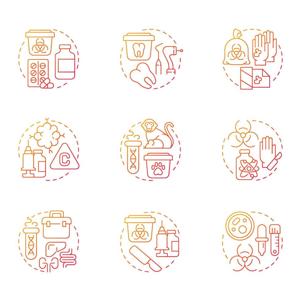 Biomedical waste management red gradient concept icons. Infection trash control. Regulation, compliance. Icon pack. Round shape illustrations for presentation, article. Abstract idea vector