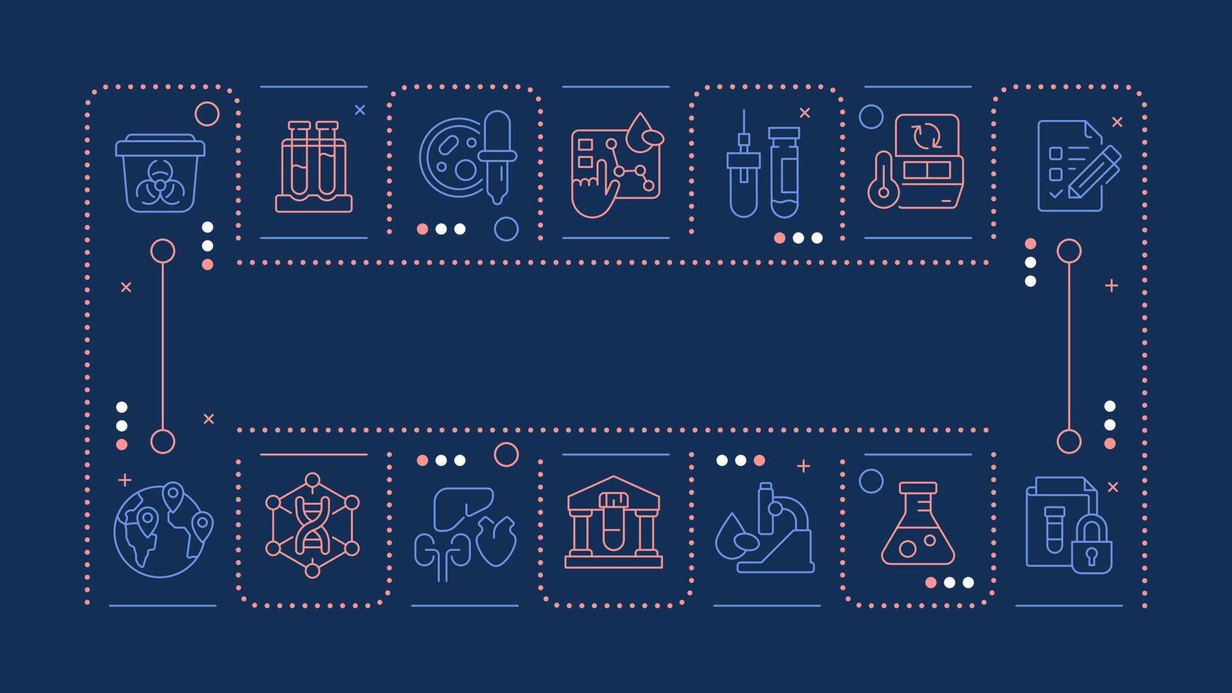 Biobanking dark blue word concept. Important resource in medical research. Specimens storage. Horizontal image. Headline text surrounded by editable outline icons vector