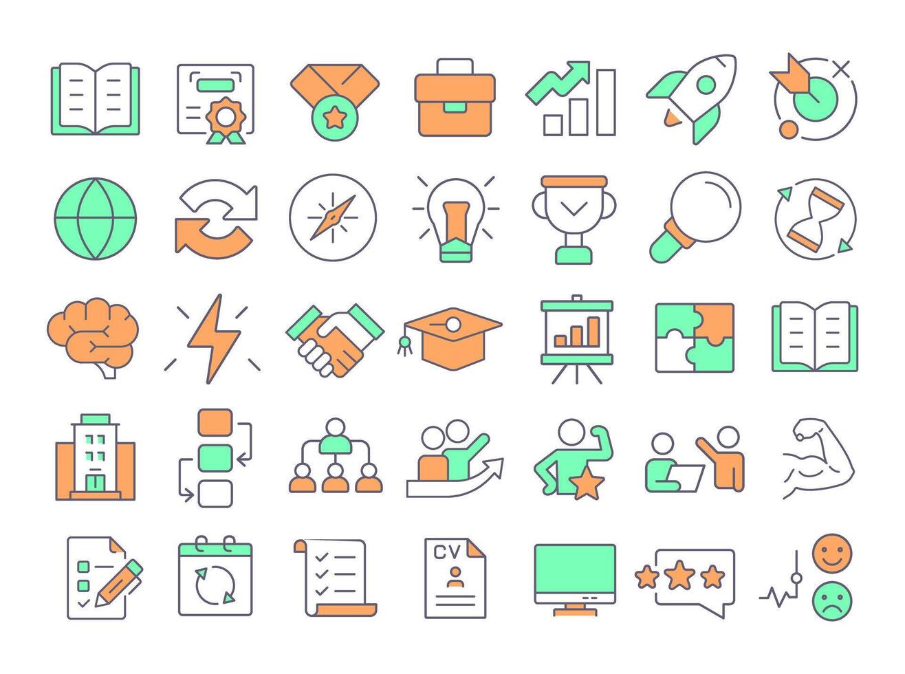 Career planning RGB color icons set. Corporate hierarchy, company structure. Personal growth. Isolated illustrations. Simple filled line drawings collection. Editable stroke vector