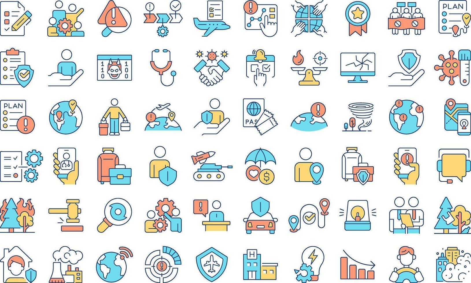 Travel risk management RGB color icons set. Protecting business travelers on journeys. Safety providing. Isolated illustrations. Simple filled line drawings collection. Editable stroke vector